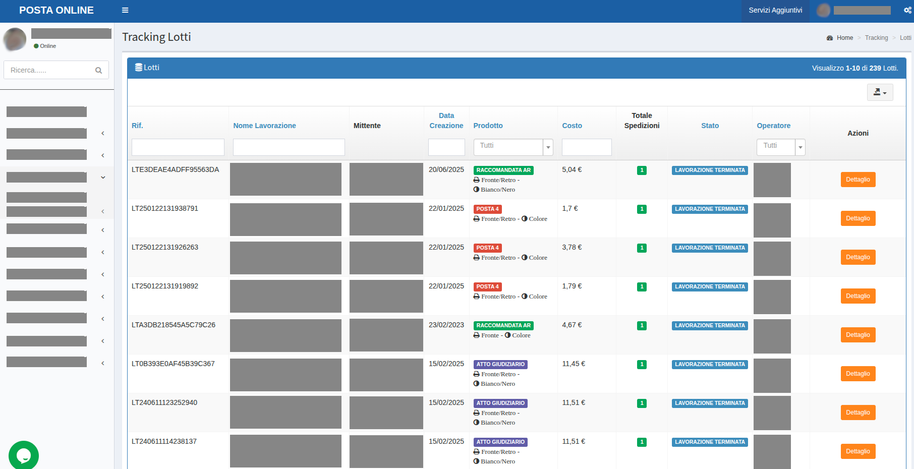 ServiziWeb Tracking corrispondenza